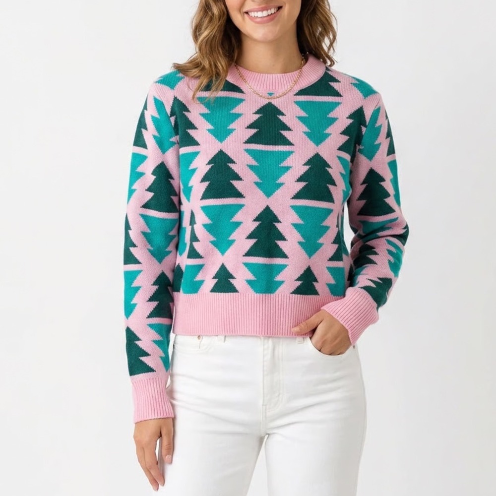Grayson Threads Pink Teal Green Geometric Tree Knit Sweater Mens Medium Holiday